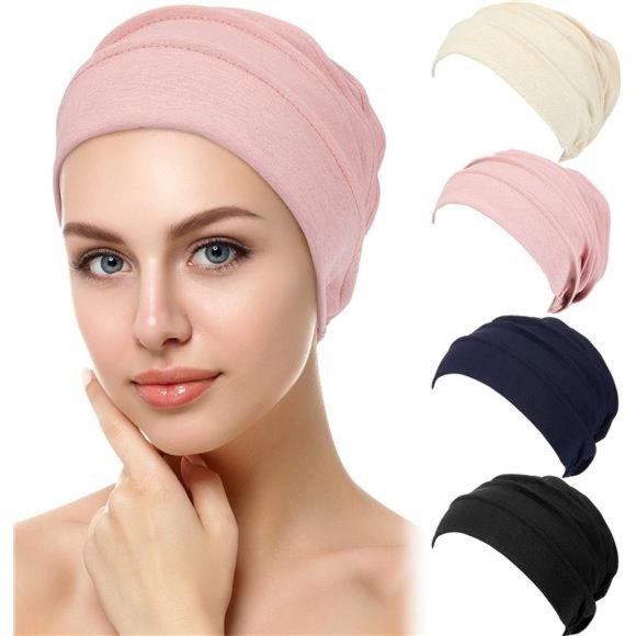 4Pieces Slouchy Beanies Hats Soft Cotton SleepCap Stretchy Sleeping Cap Headwear - Picture 1 of 7